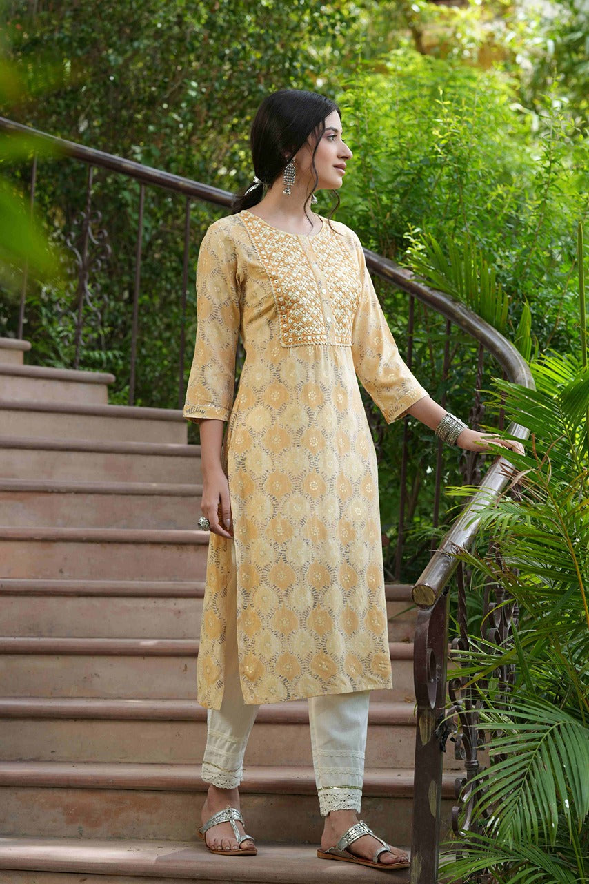 Juniper Beige Muslin Festive Wear Mirror Work Straight Kurta