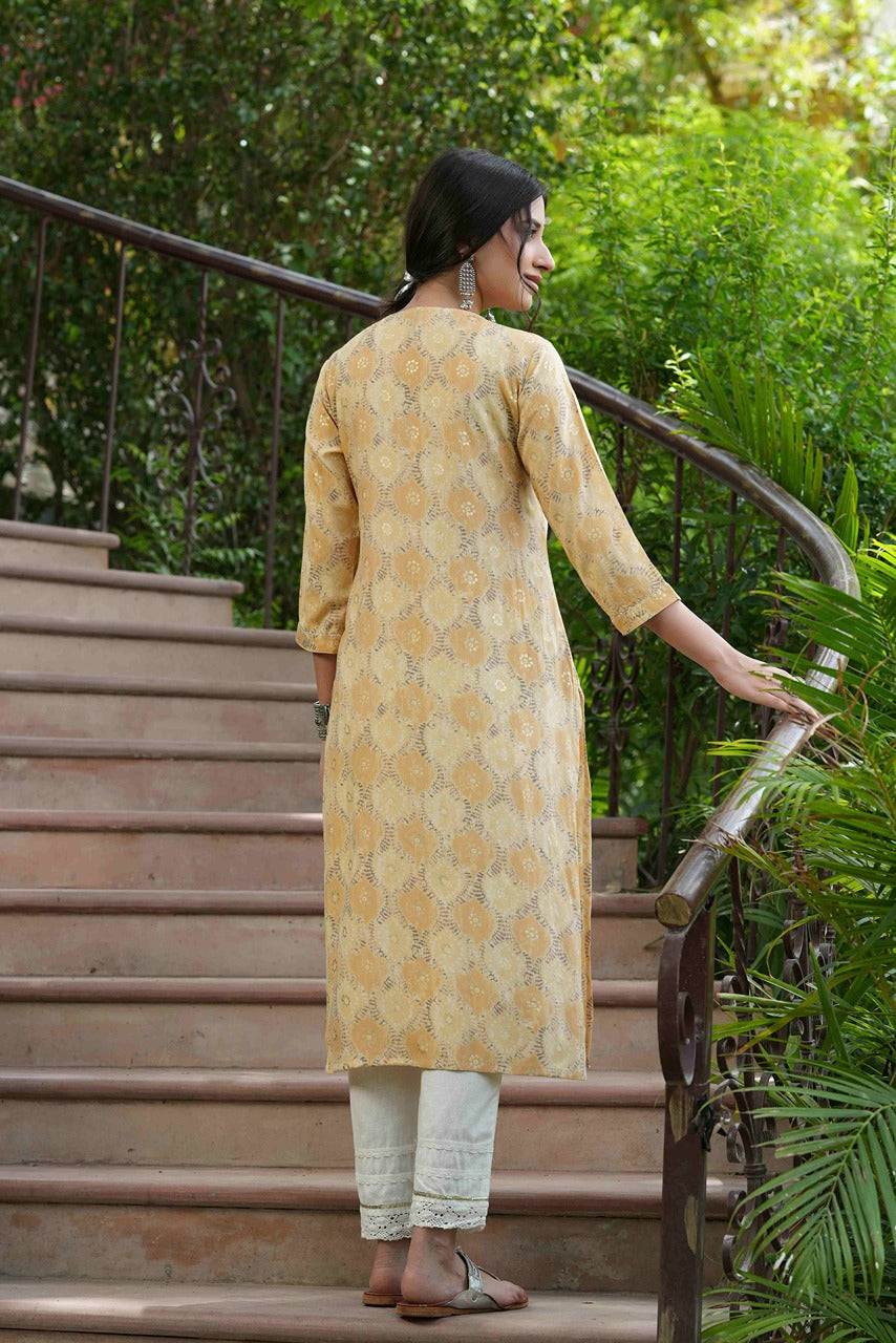 Juniper Beige Muslin Festive Wear Mirror Work Straight Kurta