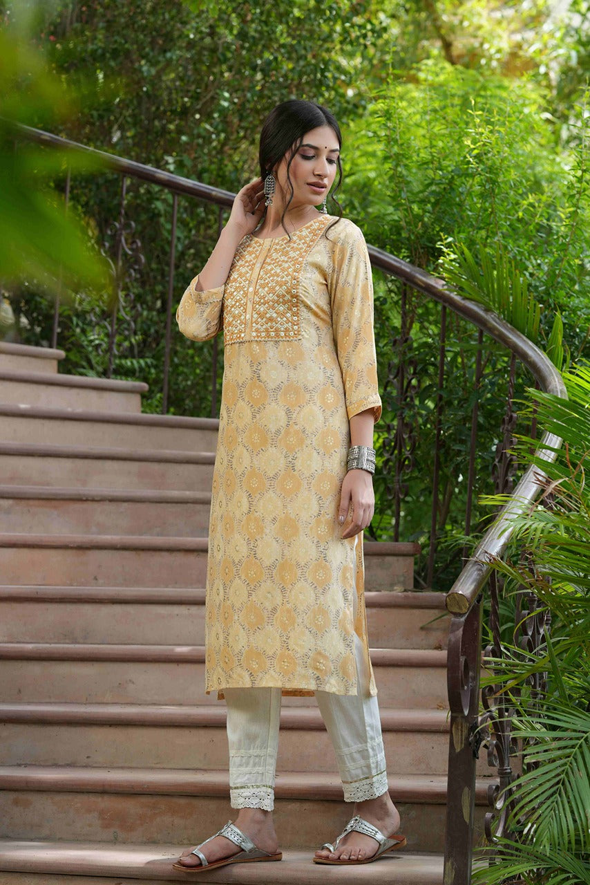 Juniper Beige Muslin Festive Wear Mirror Work Straight Kurta