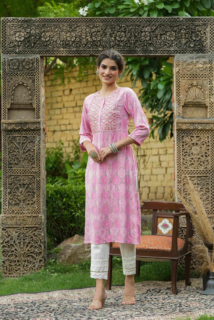 Juniper Pink Muslin Festive Wear Mirror Work Straight Kurta