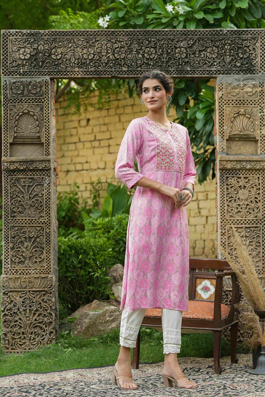 Juniper Pink Muslin Festive Wear Mirror Work Straight Kurta