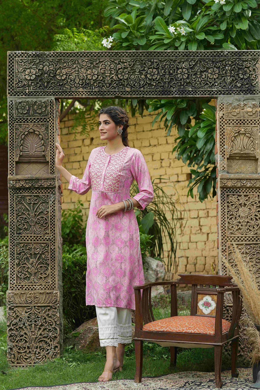 Juniper Pink Muslin Festive Wear Mirror Work Straight Kurta