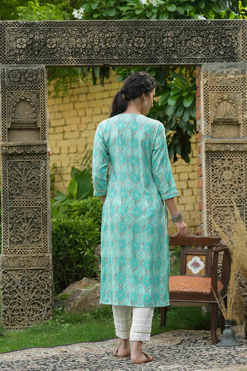 Juniper Skyblue Muslin Festive Wear Mirror Work Straight Kurta