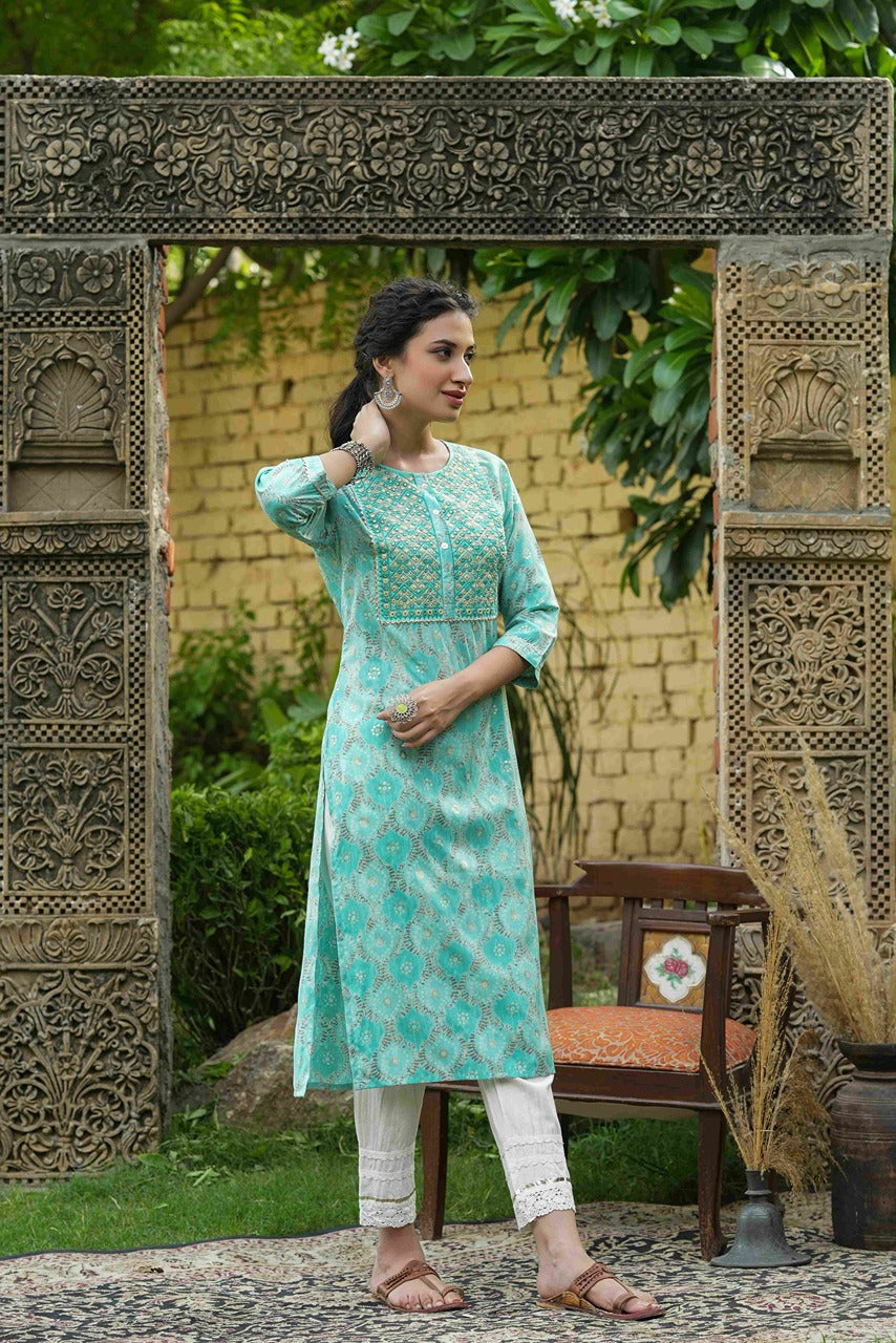 Juniper Skyblue Muslin Festive Wear Mirror Work Straight Kurta