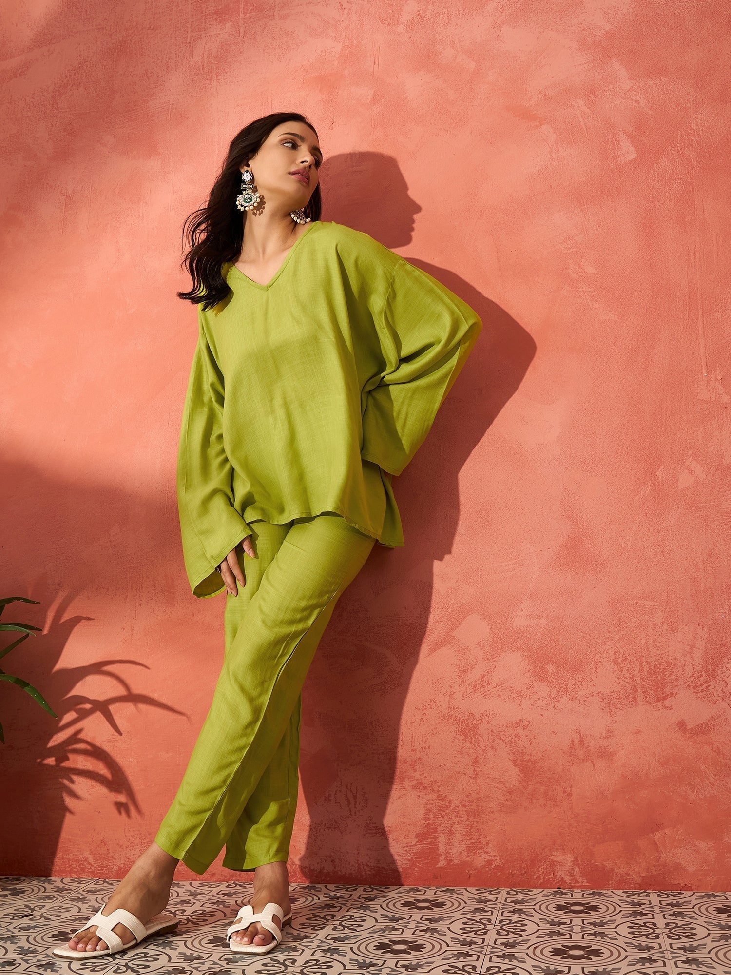 InWeave Pear Green Solid Boho Full Sleeve Co Ord Set