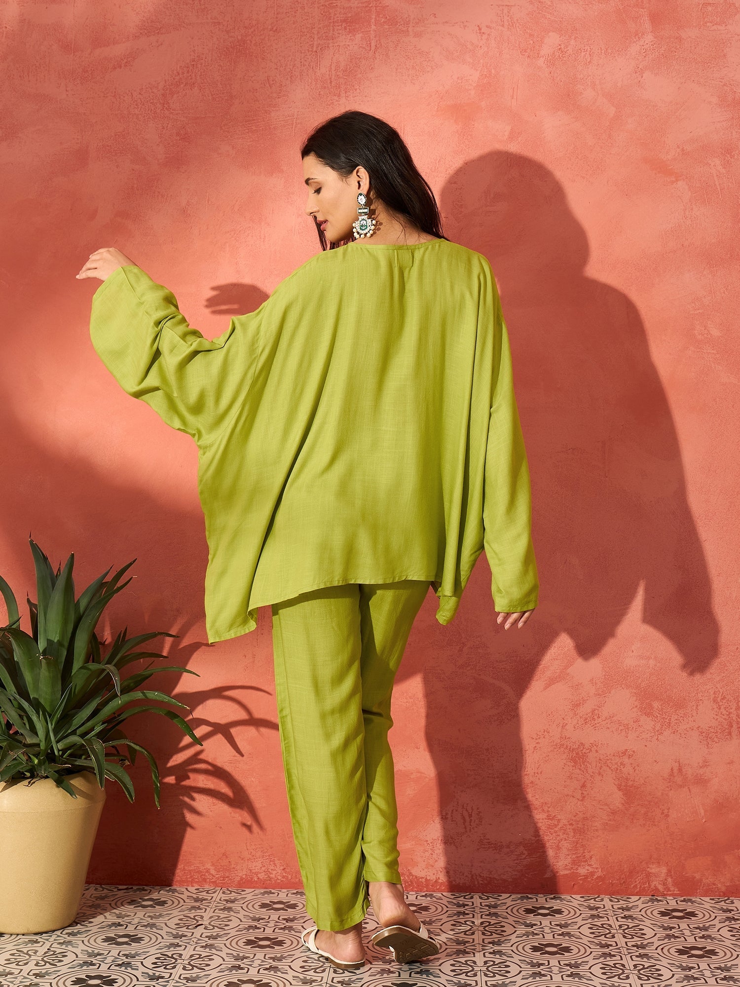 InWeave Pear Green Solid Boho Full Sleeve Co Ord Set