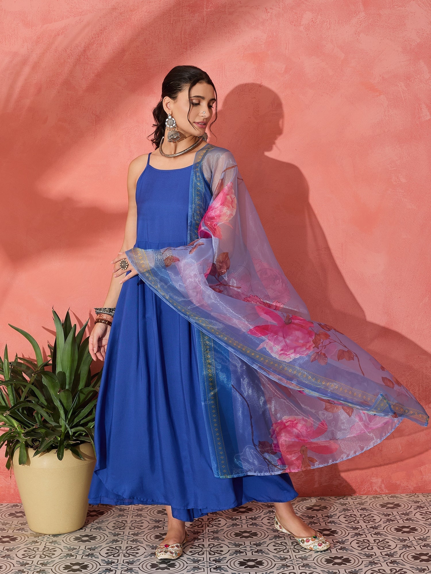InWeave Strappy Ink Blue With Blue Fuchsia Floral Organza Dupatta Set