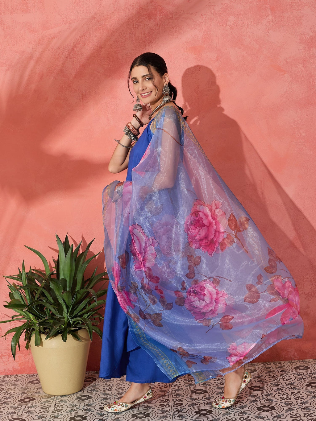 InWeave Strappy Ink Blue With Blue Fuchsia Floral Organza Dupatta Set