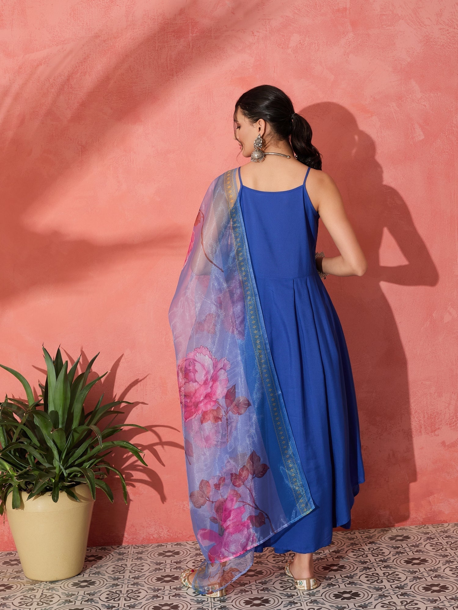 InWeave Strappy Ink Blue With Blue Fuchsia Floral Organza Dupatta Set