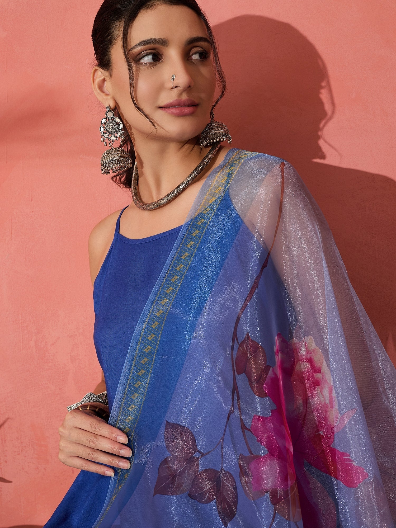 InWeave Strappy Ink Blue With Blue Fuchsia Floral Organza Dupatta Set