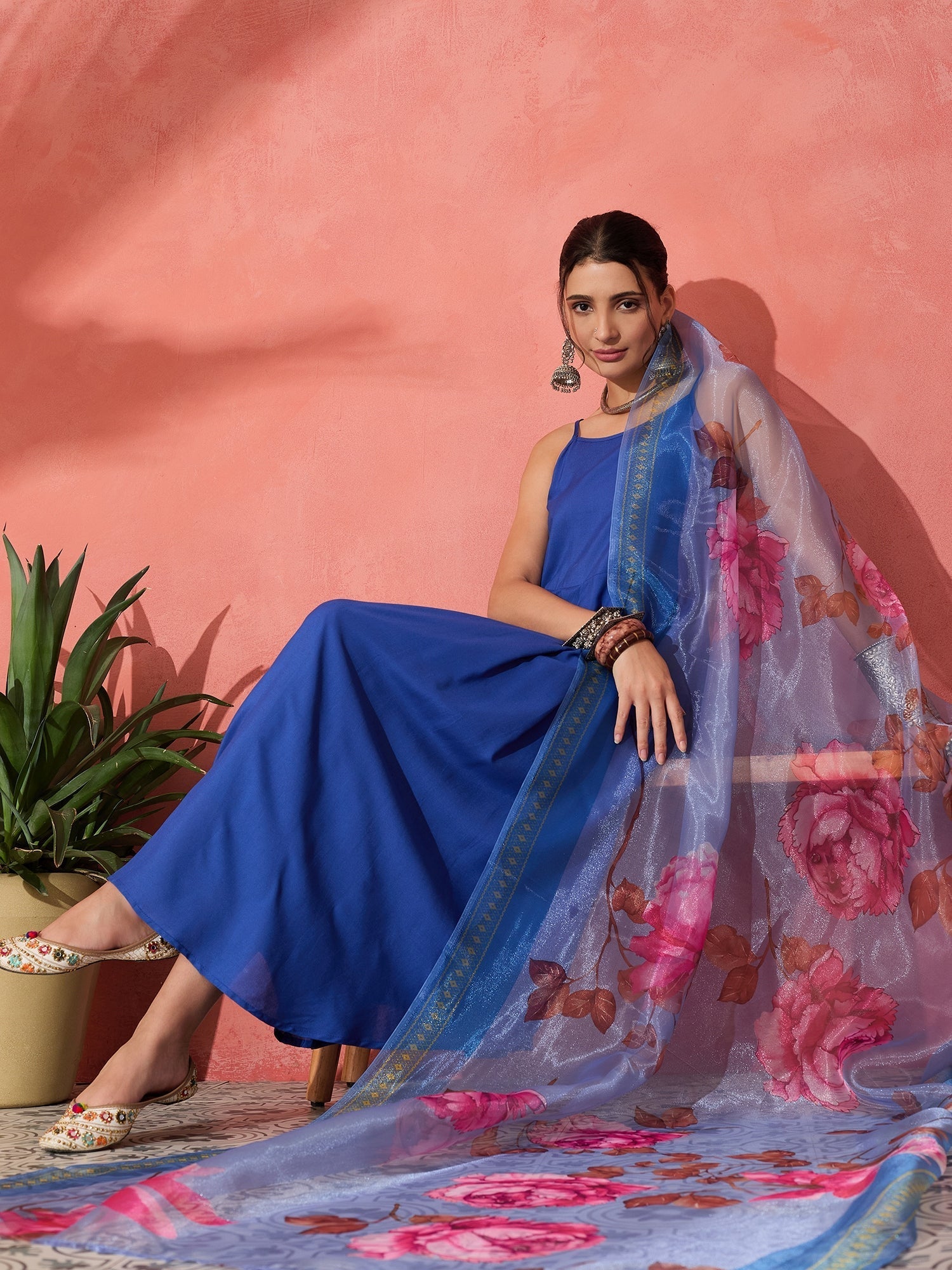 InWeave Strappy Ink Blue With Blue Fuchsia Floral Organza Dupatta Set