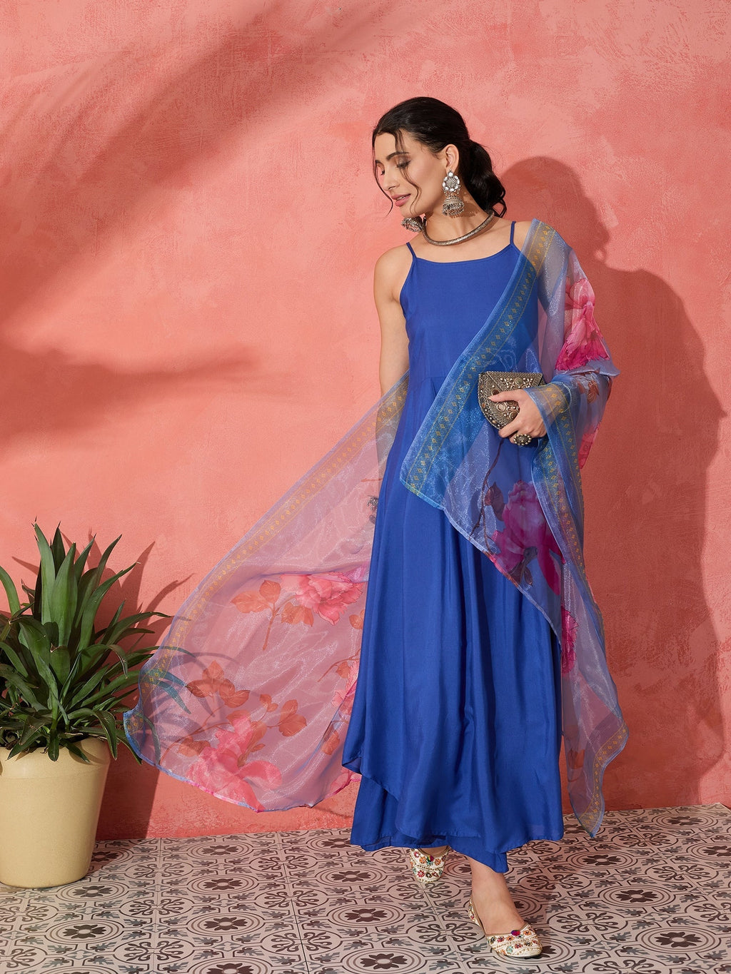 InWeave Strappy Ink Blue With Blue Fuchsia Floral Organza Dupatta Set