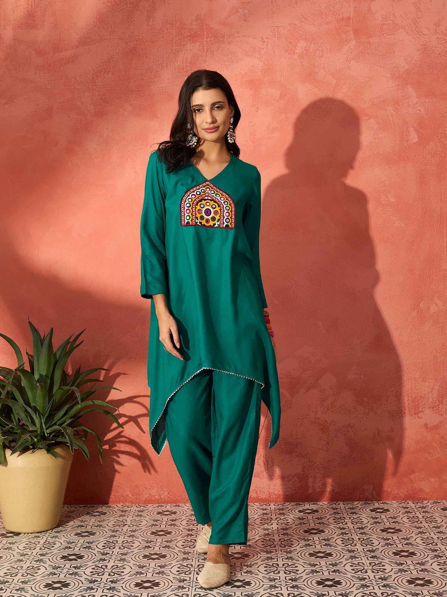 InWeave Teal Triangle Patch Kurta Set