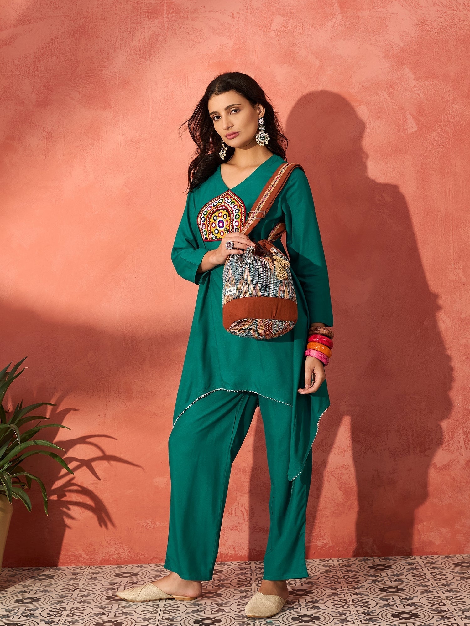 InWeave Teal Triangle Patch Kurta Set