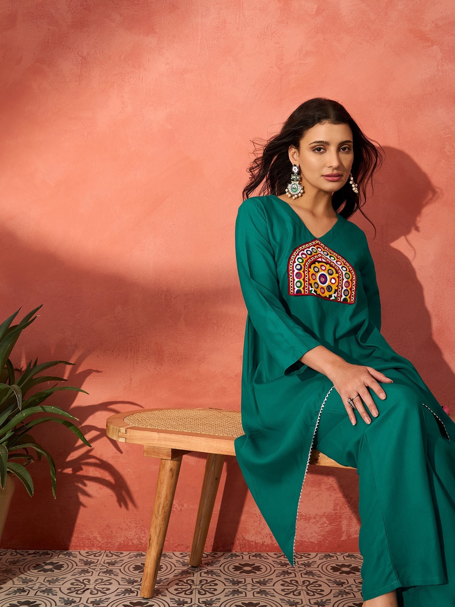 InWeave Teal Triangle Patch Kurta Set