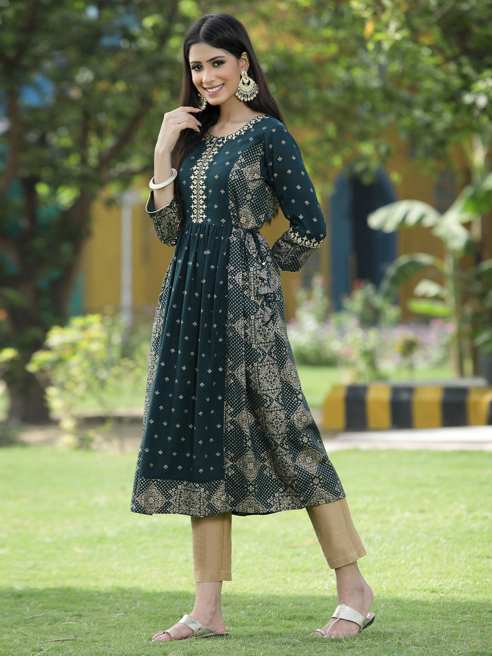 Juniper Green Rayon Festive Wear Printed Flared Kurta