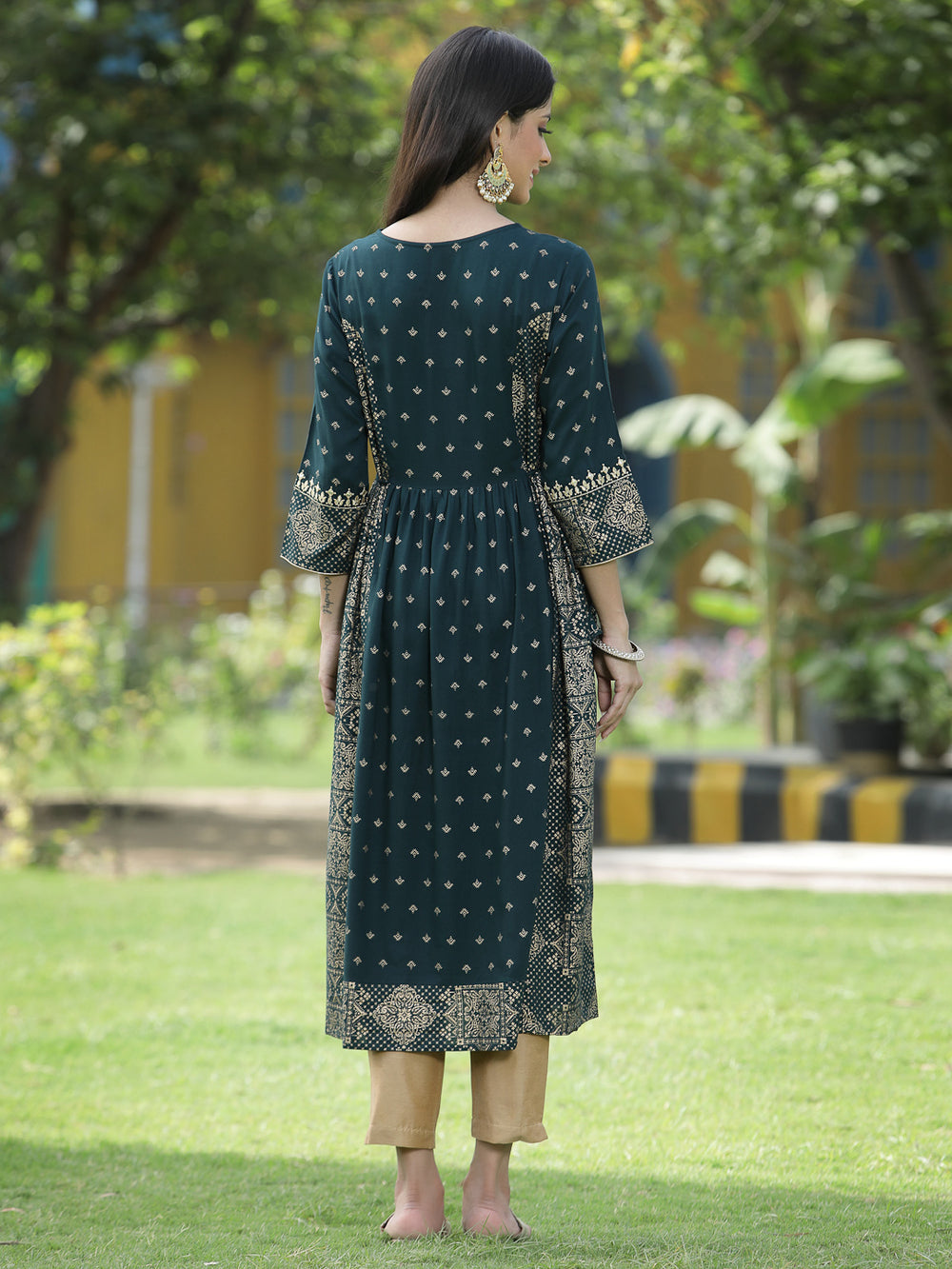 Juniper Green Rayon Festive Wear Printed Flared Kurta