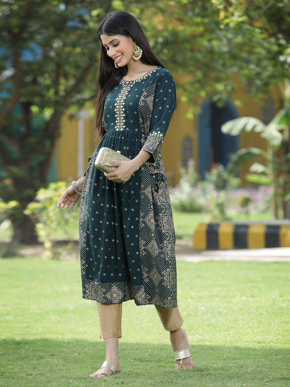 Juniper Green Rayon Festive Wear Printed Flared Kurta