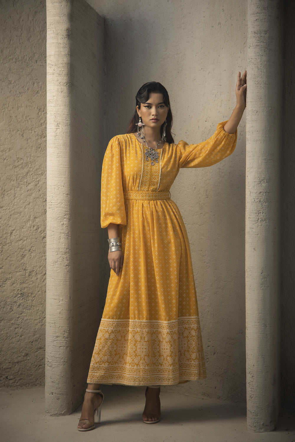 Juniper Mustard Georgette Festive Khadi Print Flared Dress For Women