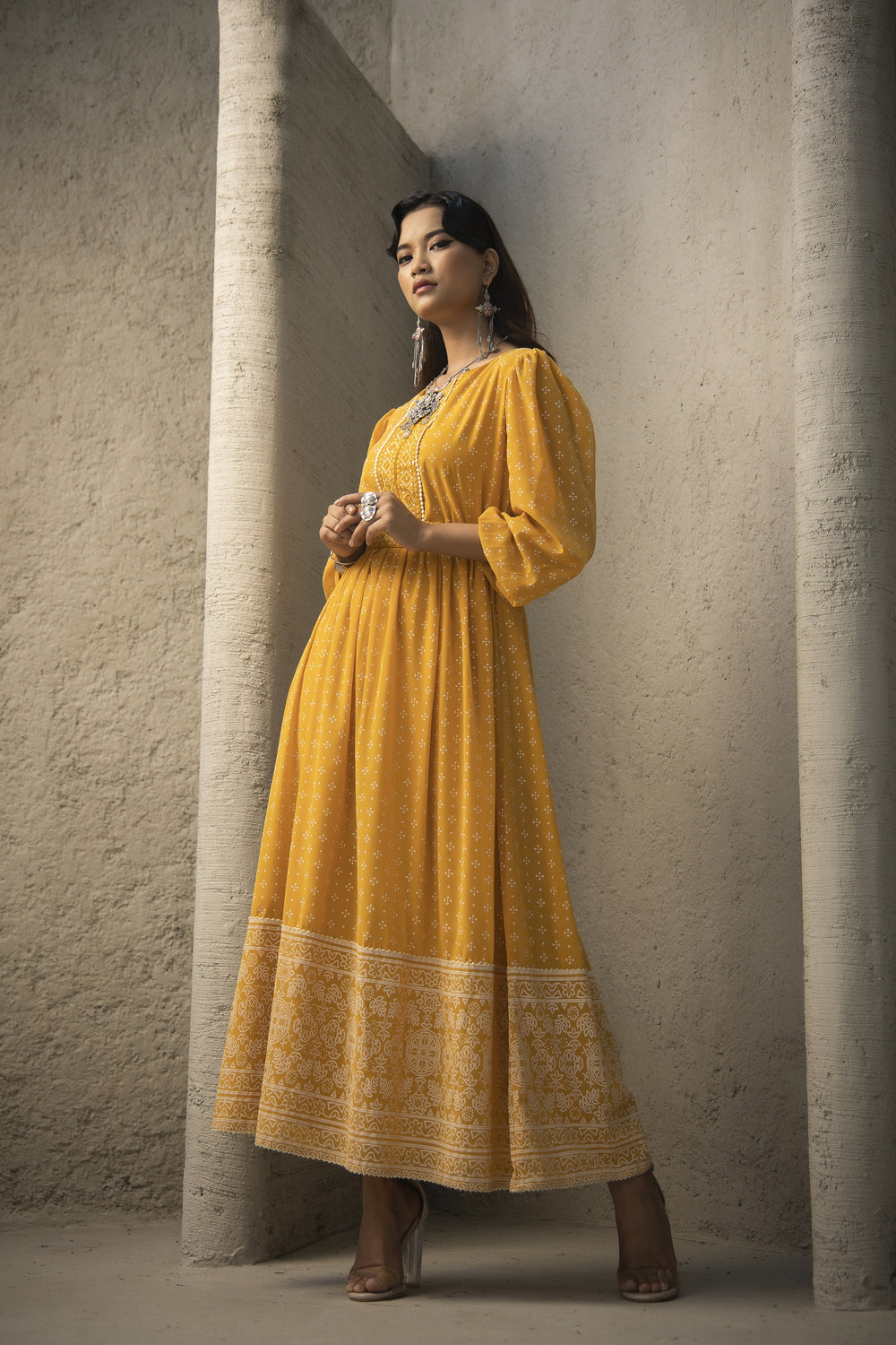 Juniper Mustard Georgette Festive Khadi Print Flared Dress For Women