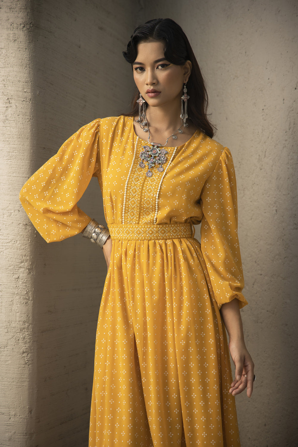 Juniper Mustard Georgette Festive Khadi Print Flared Dress For Women