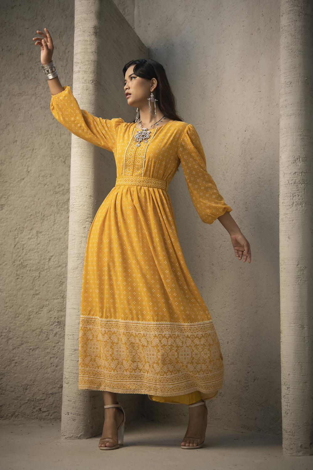 Juniper Mustard Georgette Festive Khadi Print Flared Dress For Women