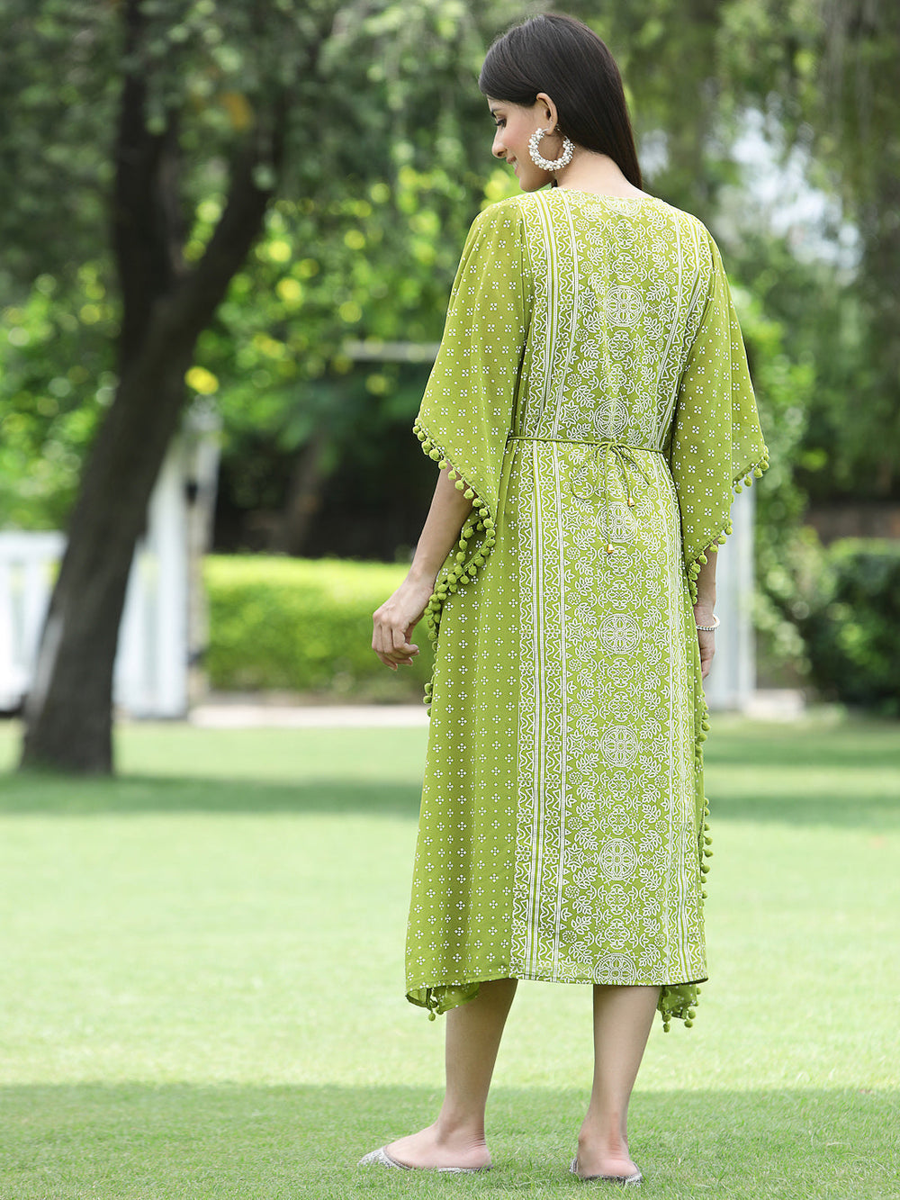 Indian Clothing Juniper Green Georgette Festive Bandhej Printed Straight Kaftan For Women