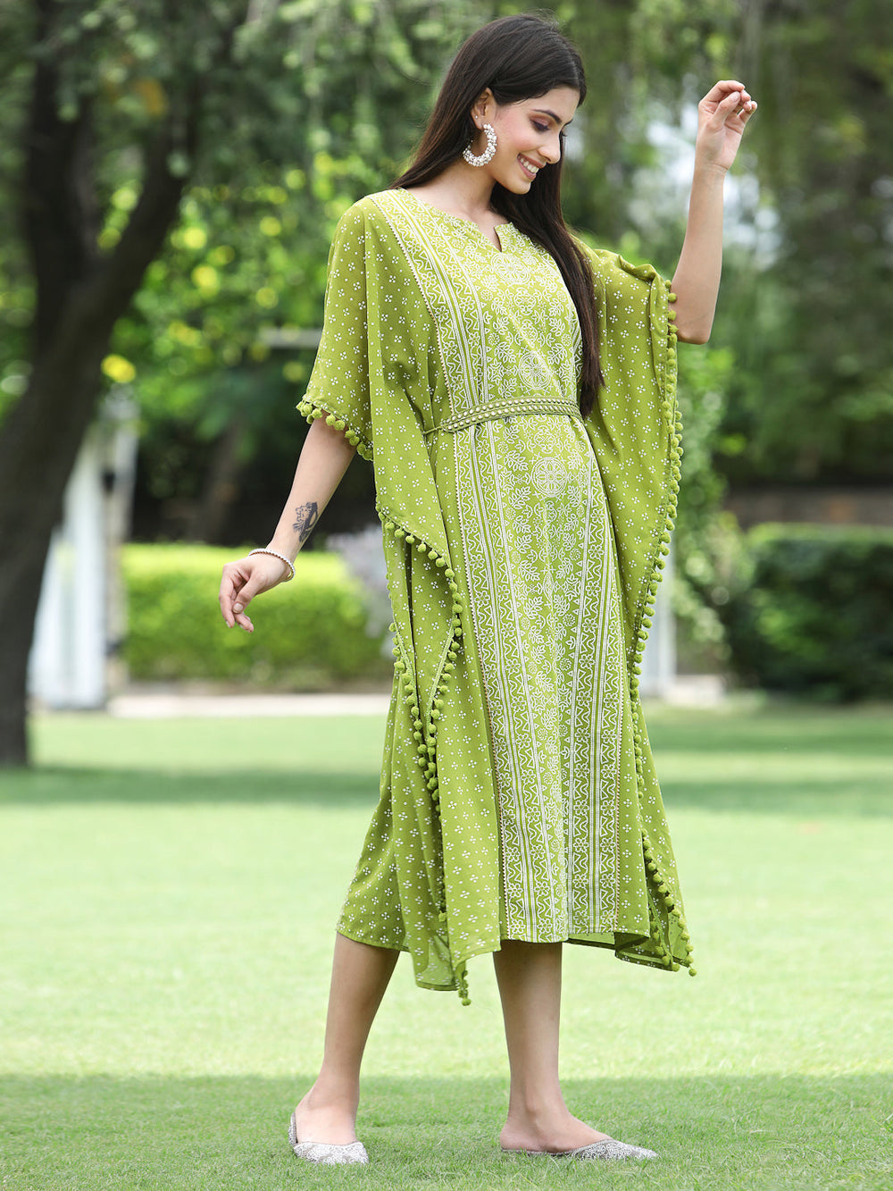 Indian Clothing Juniper Green Georgette Festive Bandhej Printed Straight Kaftan For Women