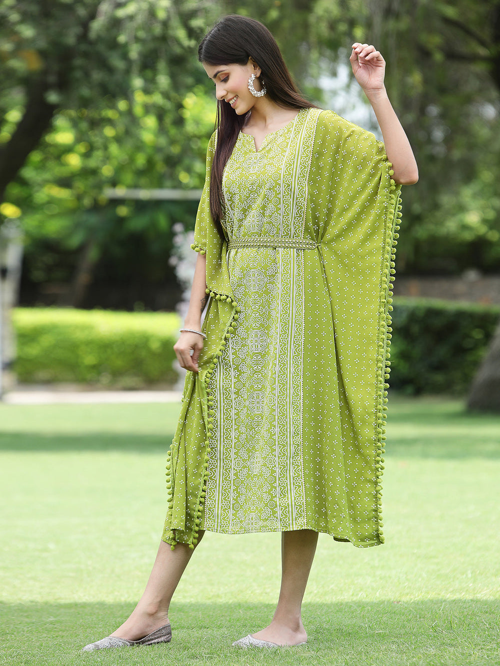 Indian Clothing Juniper Green Georgette Festive Bandhej Printed Straight Kaftan For Women