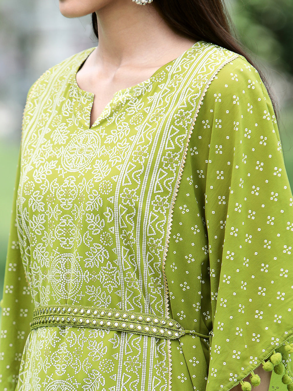 Indian Clothing Juniper Green Georgette Festive Bandhej Printed Straight Kaftan For Women