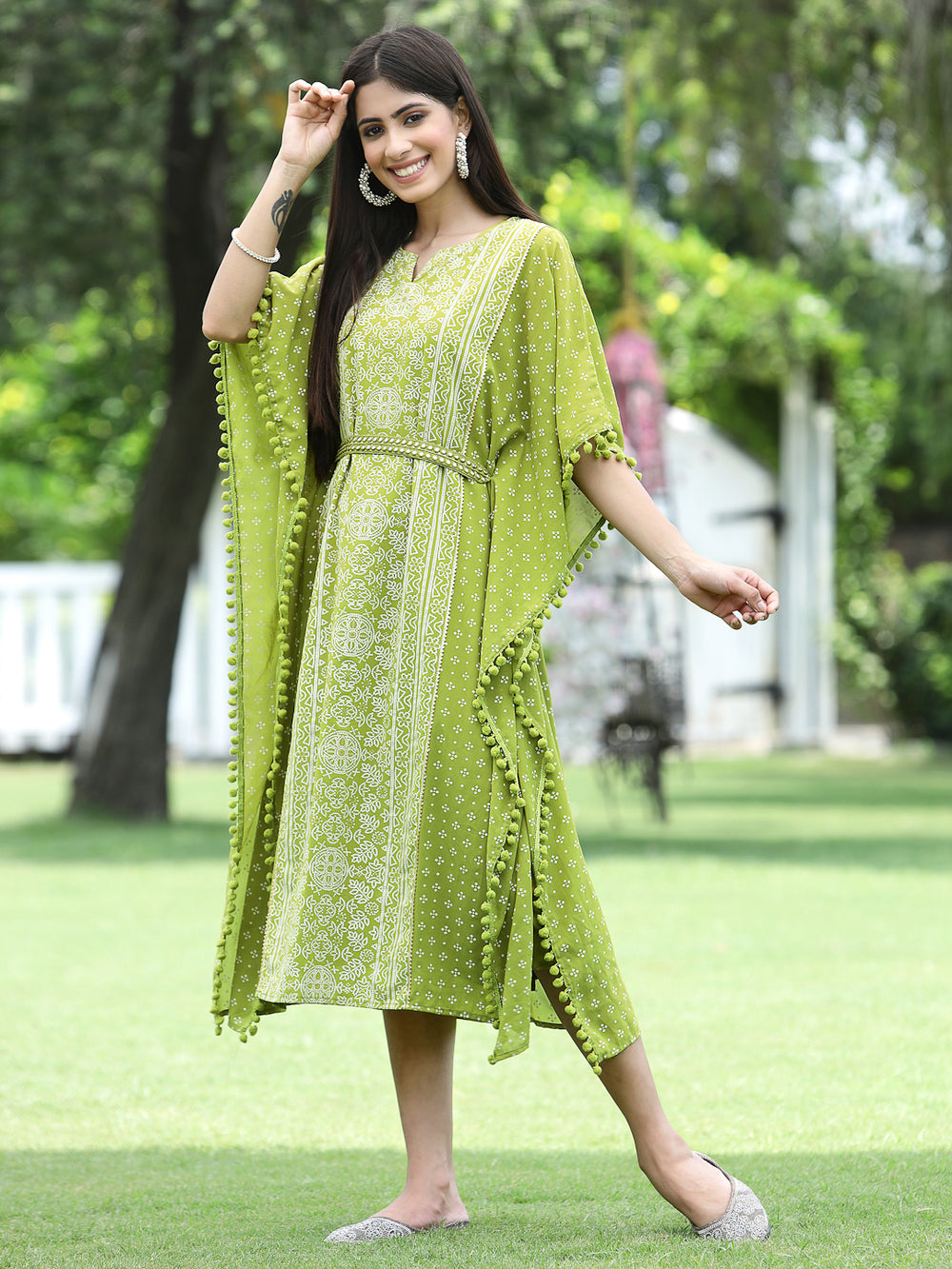 Indian Clothing Juniper Green Georgette Festive Bandhej Printed Straight Kaftan For Women