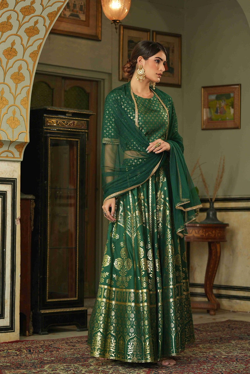 Juniper Green Santoon Slub Festive Foil Printed Straight Lehnga Choli Set For Women