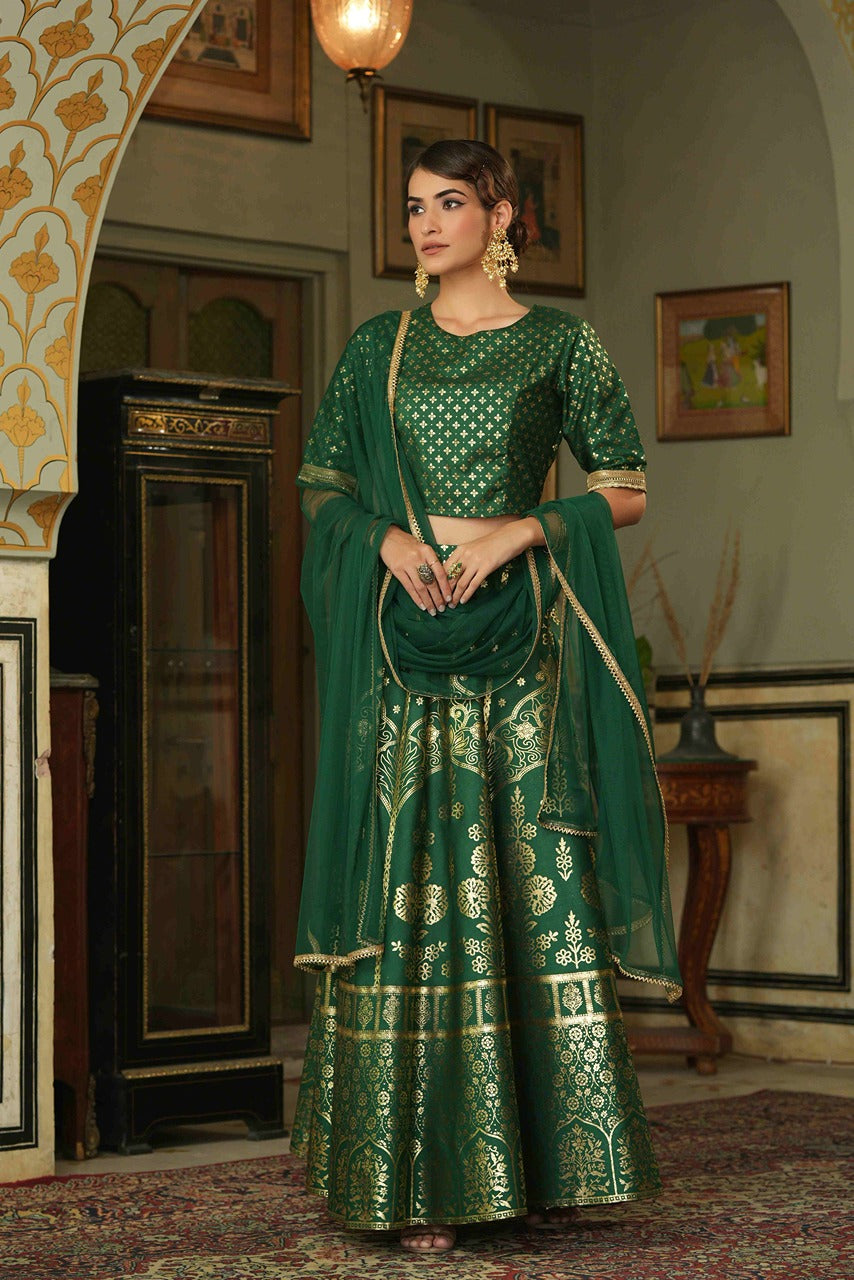 Juniper Green Santoon Slub Festive Foil Printed Straight Lehnga Choli Set For Women