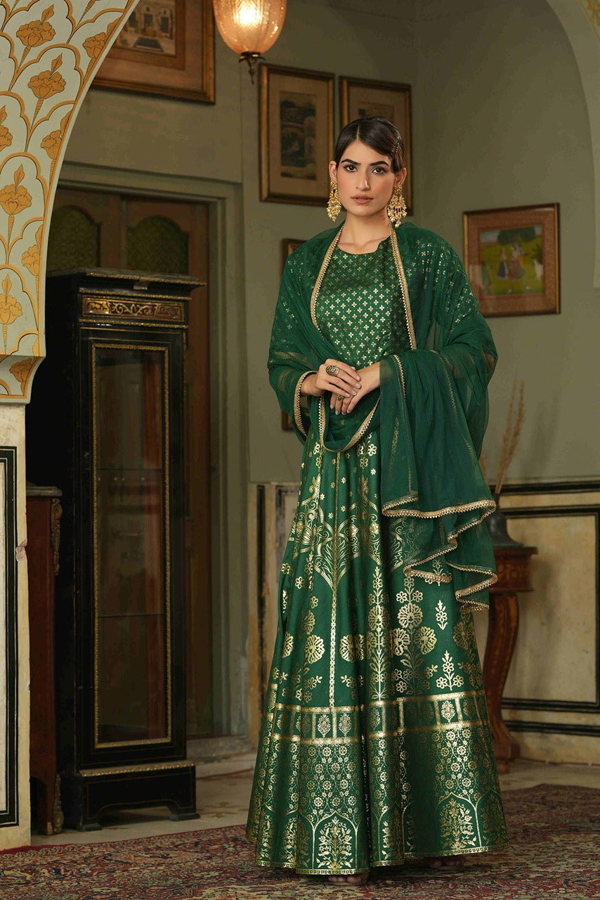 Juniper Green Santoon Slub Festive Foil Printed Straight Lehnga Choli Set For Women