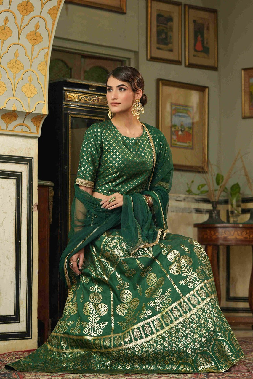 Juniper Green Santoon Slub Festive Foil Printed Straight Lehnga Choli Set For Women