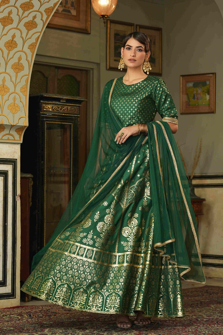 Juniper Green Santoon Slub Festive Foil Printed Straight Lehnga Choli Set For Women