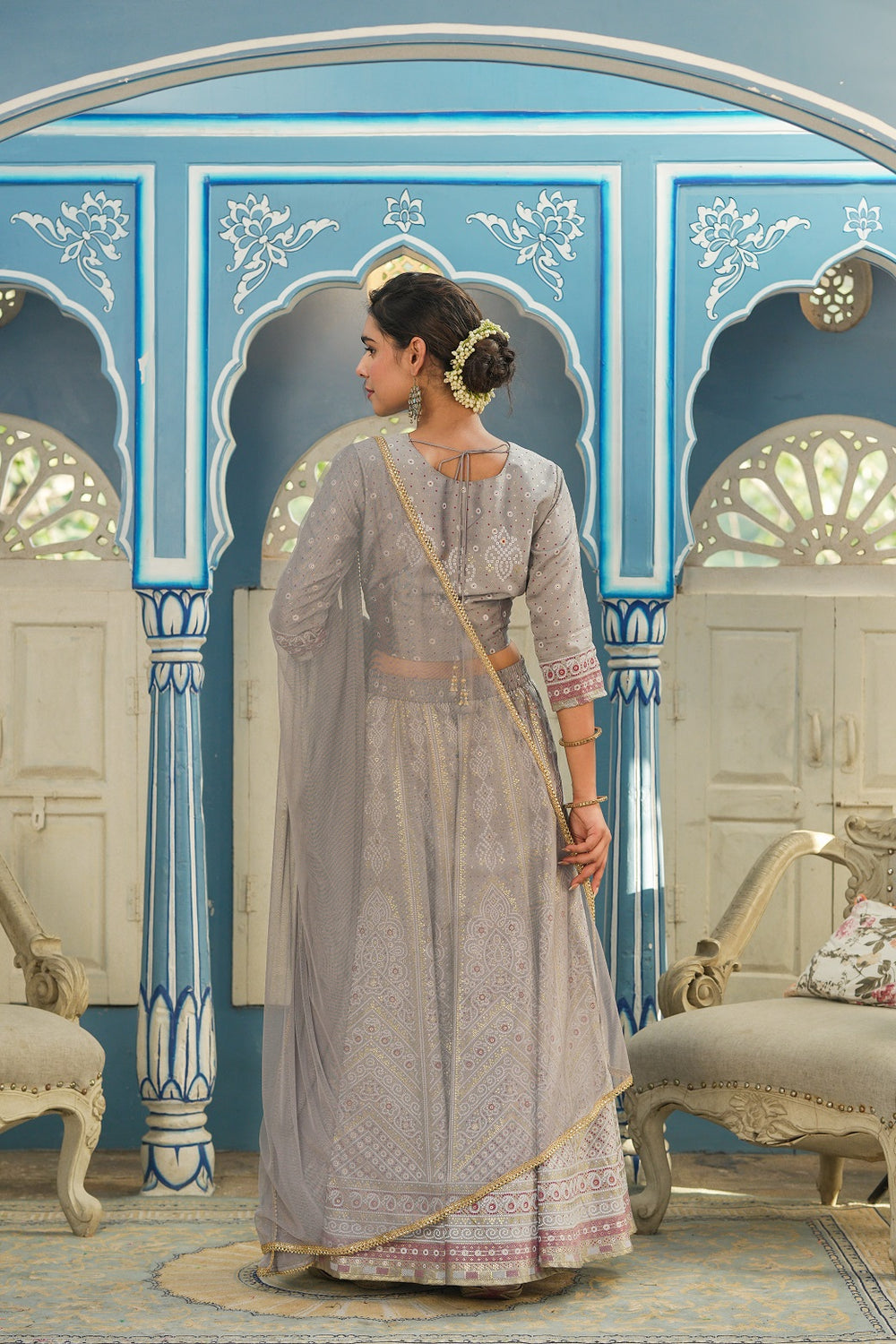 Juniper Grey Santoon Slub Festive Foil Printed Straight Lehnga Choli Set For Women