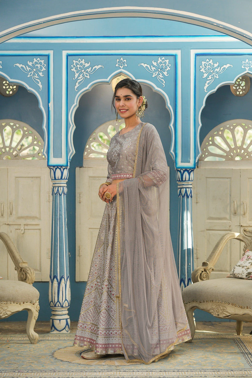 Juniper Grey Santoon Slub Festive Foil Printed Straight Lehnga Choli Set For Women