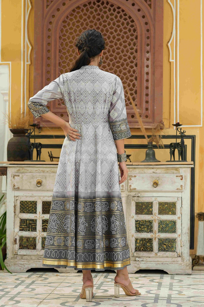 Juniper Grey Shantoon Festive Khadi Print Foil Print Flared Dress For Women