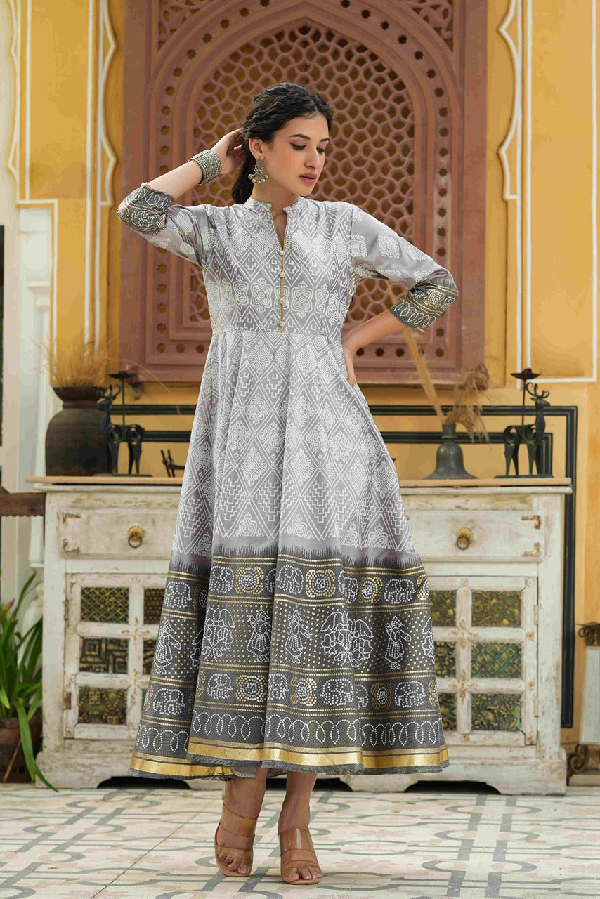 Juniper Grey Shantoon Festive Khadi Print Foil Print Flared Dress For Women