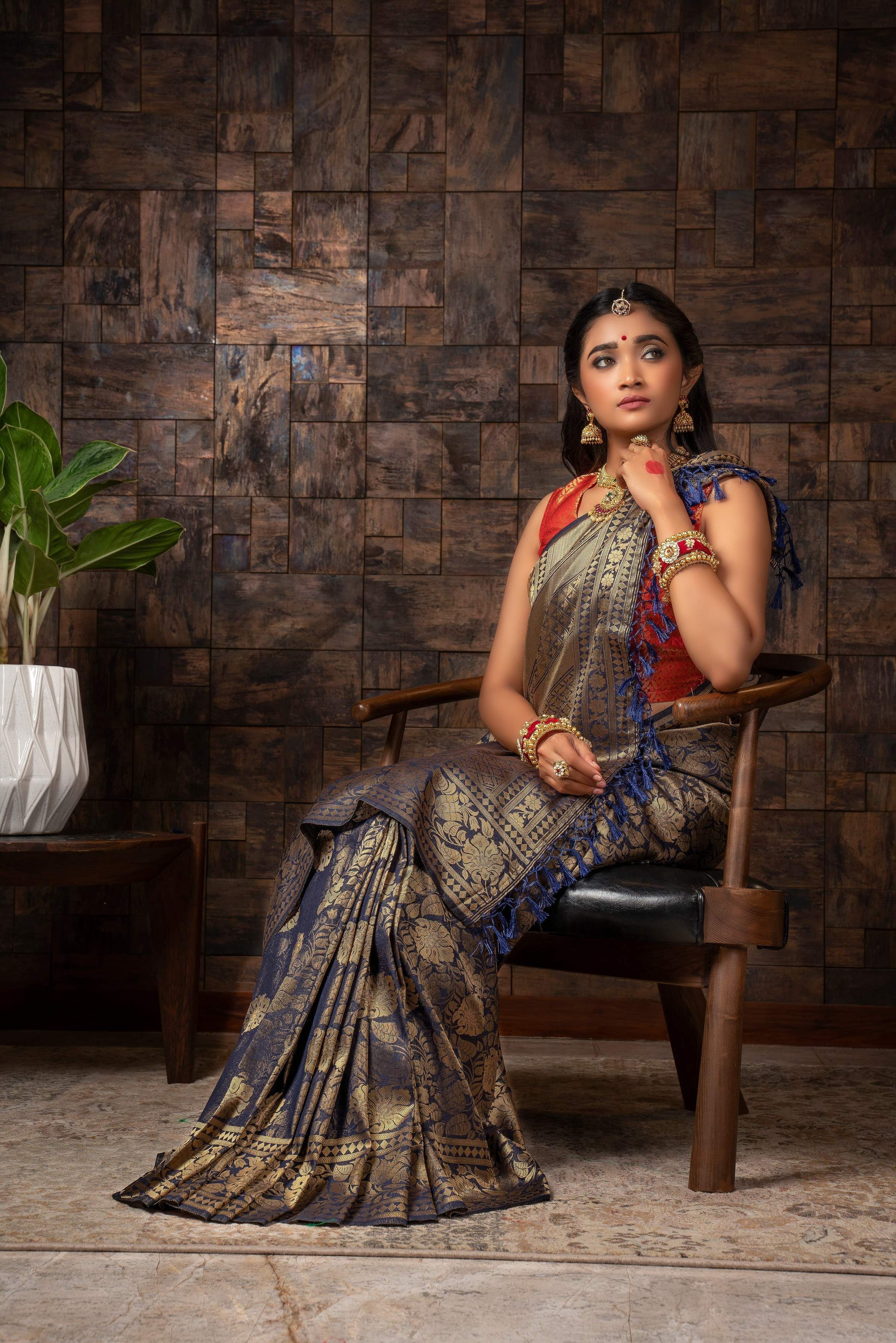 Vardha Sapphire Blue Golden Zari Kanjeevaram Silk Saree