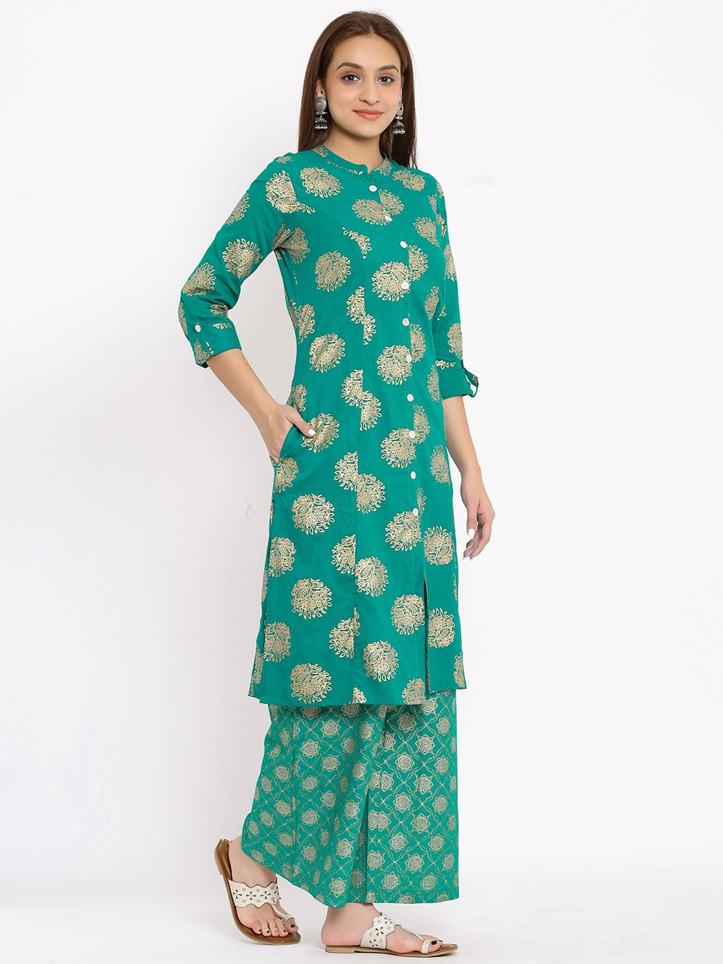 HERE&NOW Green Mandarin Collar Ethnic Motifs Printed A-Line Kurta
