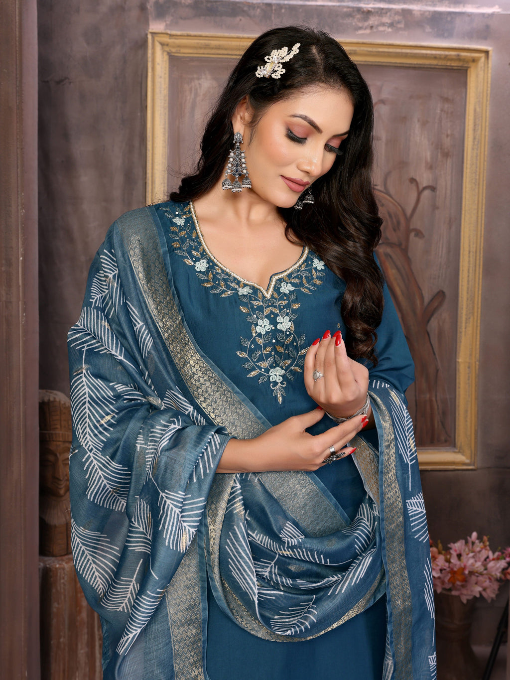 Vedant Vastram Kurta Pant set with Dupatta having Beautiful Hand work (Khatli Work) - Dark Peacock