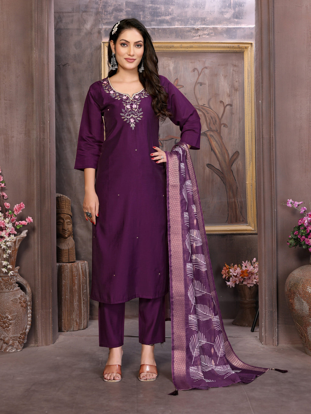 Vedant Vastram Kurta Pant set with Dupatta having Beautiful Hand work (Khatli Work) - Wine