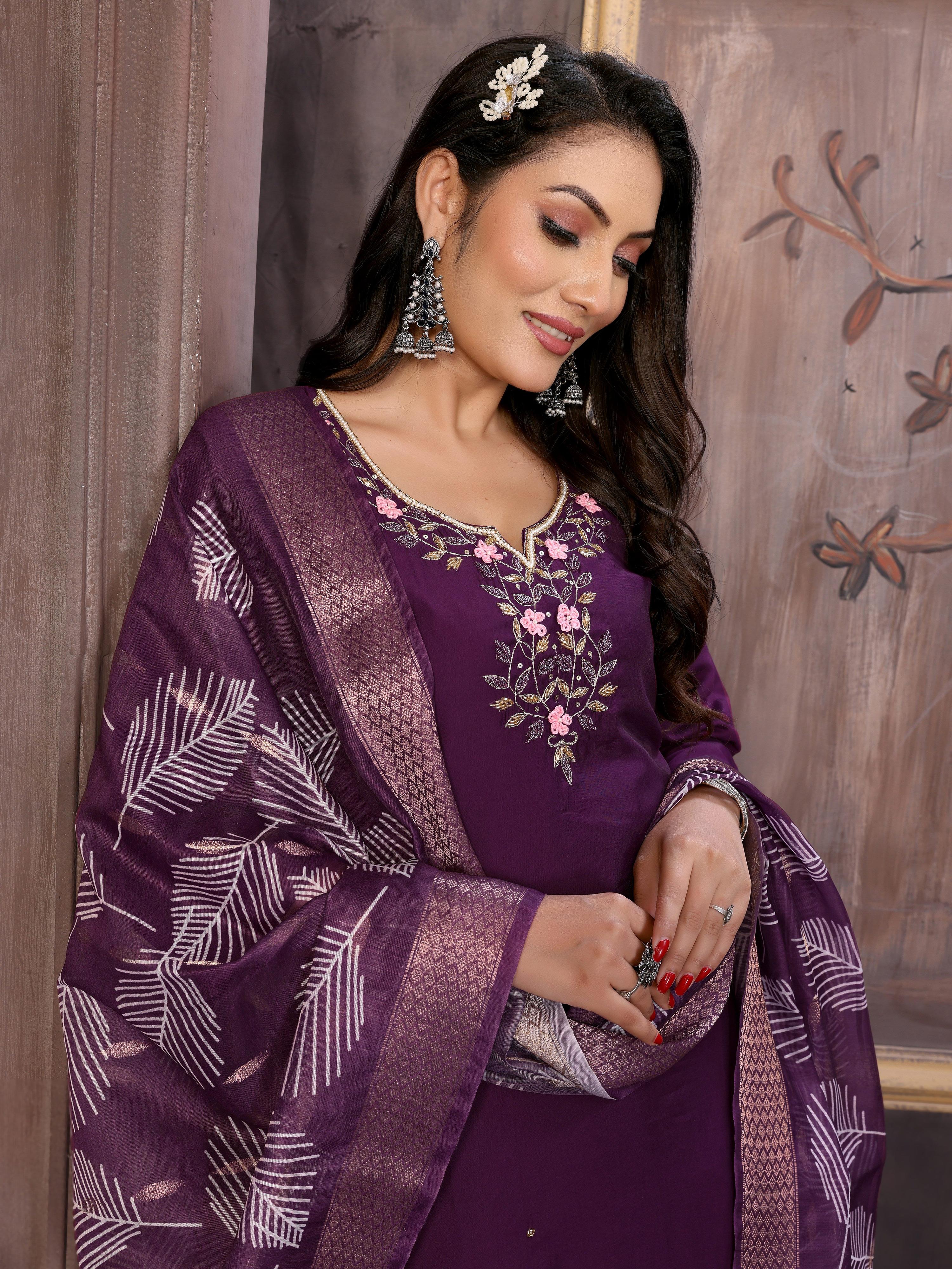 Vedant Vastram Kurta Pant set with Dupatta having Beautiful Hand work (Khatli Work) - Wine