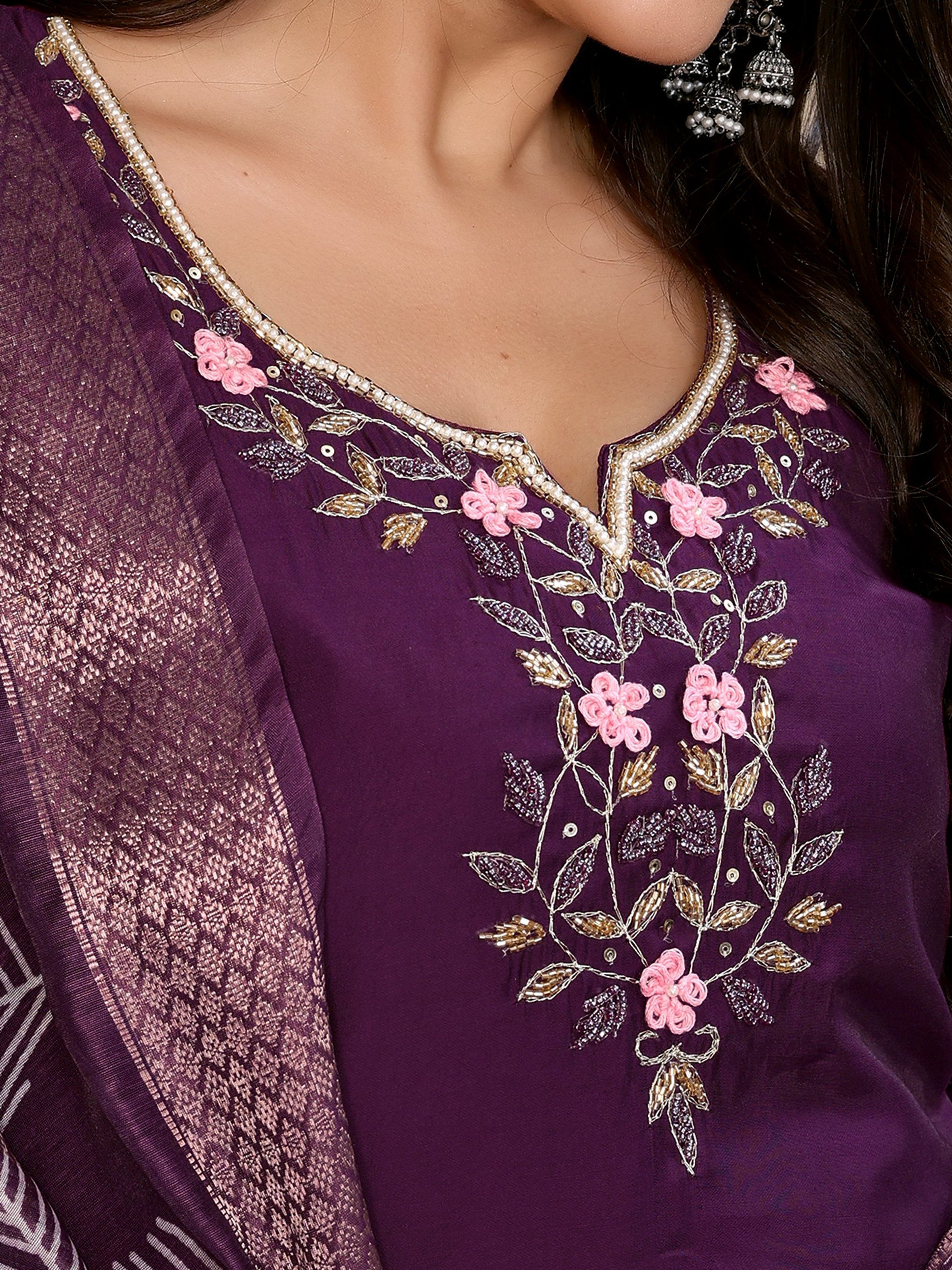 Vedant Vastram Kurta Pant set with Dupatta having Beautiful Hand work (Khatli Work) - Wine