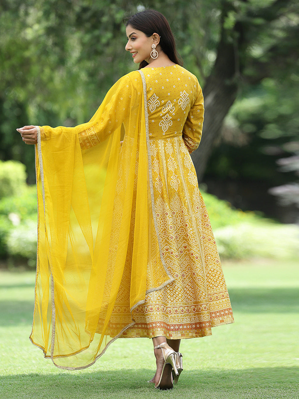 Juniper Women Mustard Santoon Slub Festive Khadi Print Flared Kurta Dupatta Set
