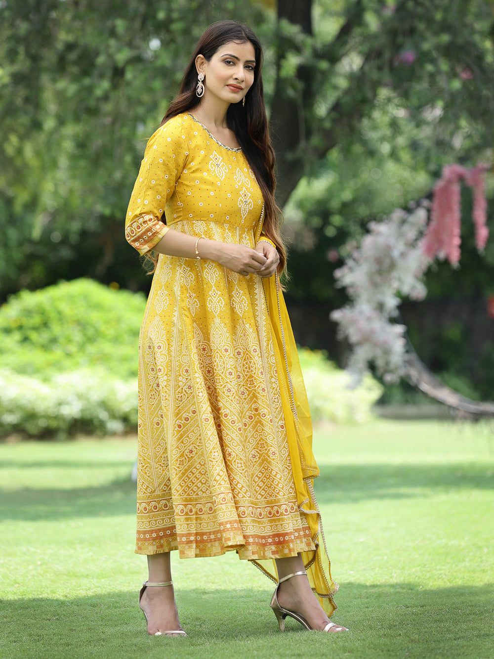 Juniper Women Mustard Santoon Slub Festive Khadi Print Flared Kurta Dupatta Set