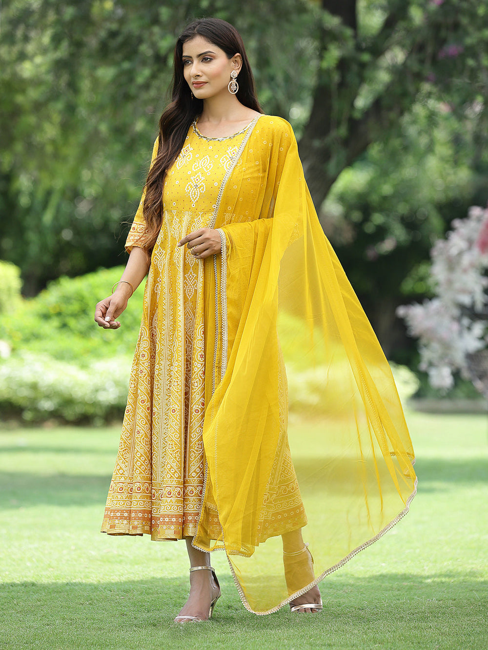 Juniper Women Mustard Santoon Slub Festive Khadi Print Flared Kurta Dupatta Set