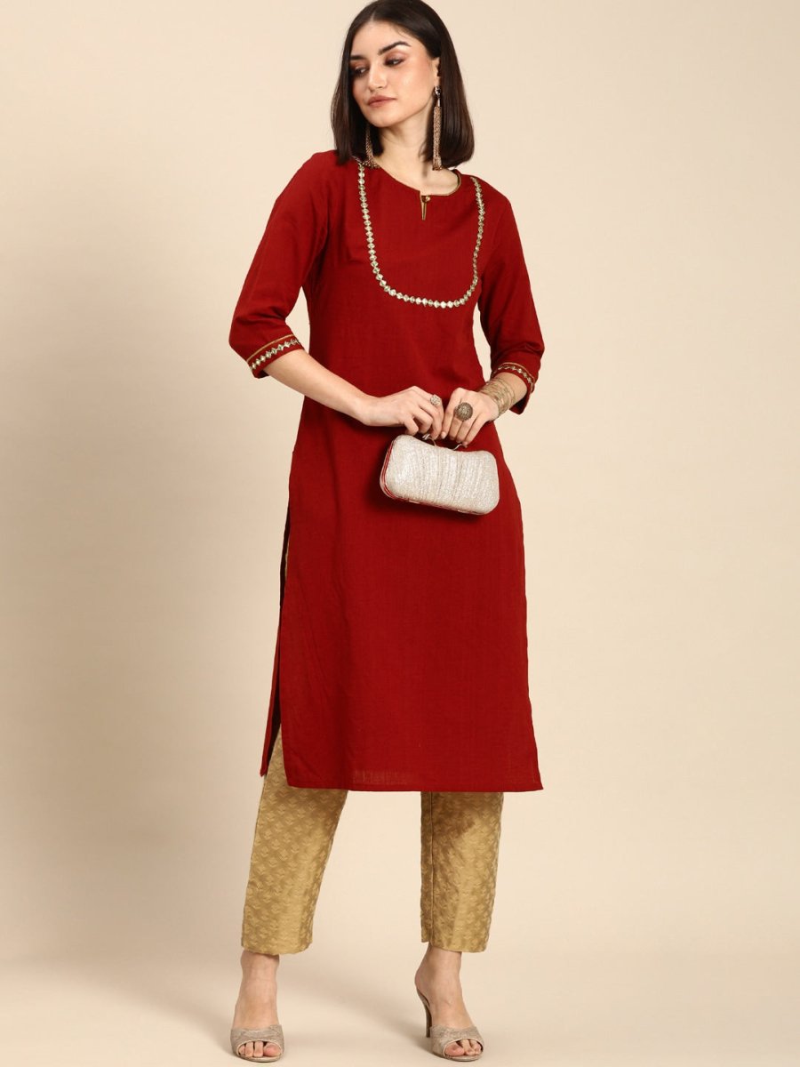 All About You Women Red & Gold-Toned Keyhole Neck Gotta Patti Kurta